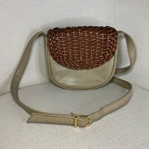 Beige Leather Crossbody with Woven Brown Flap